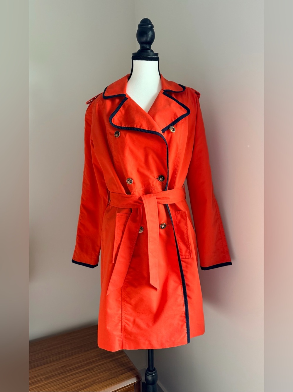 Nautica Orange Trench Coat Women’s Medium Navy Trim Belted Double Breasted